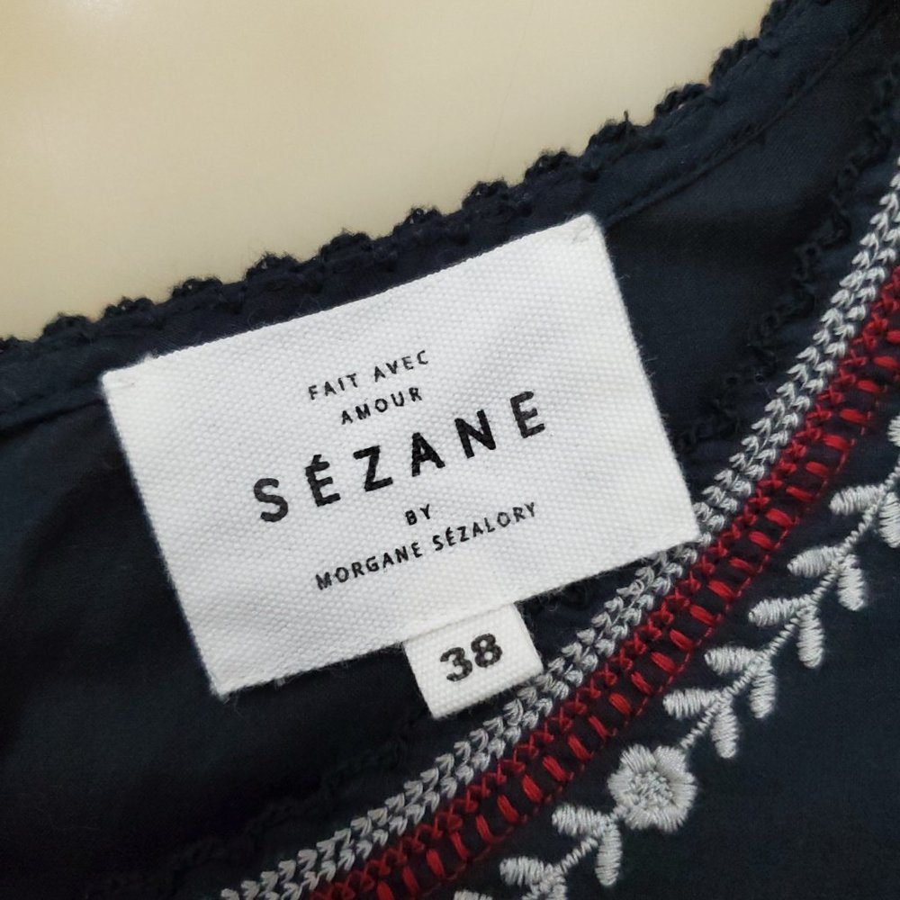 Sezane by Morgane Sezalory Embroidered Boho Navy Cotton Top - Picture 10 of 16